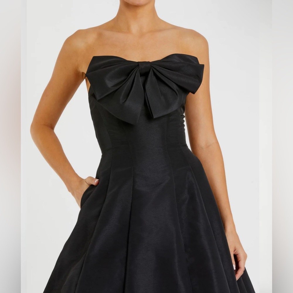 Mac Duggal 49605 Black Strapless A-Line Tea Length Bow Midi Dress Size 12 - Picture 3 of 9